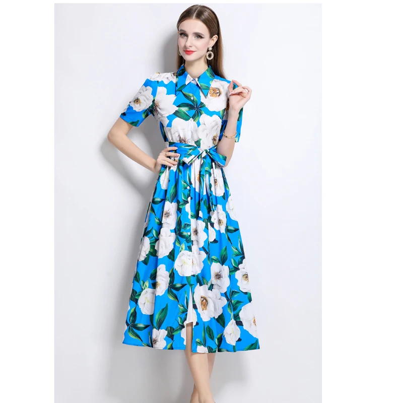 2025 新しい夏のファッション花柄シャツドレス女性のための半袖ラペル女性 Signle ブレストベルトホリデーパーティードレス