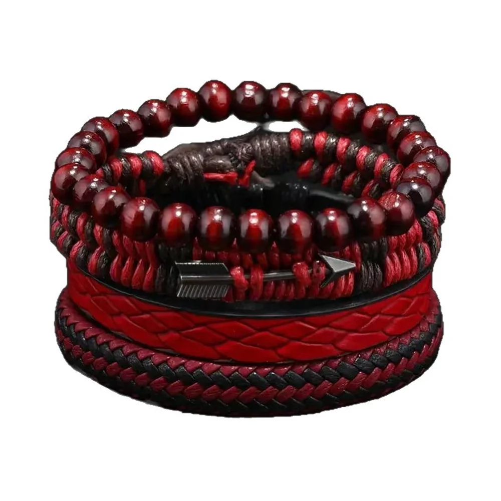 Vintage Men's Leather Bracelet Arrow Wooden Beaded Leather Hand Woven Retro Fashion Bracelets For Men