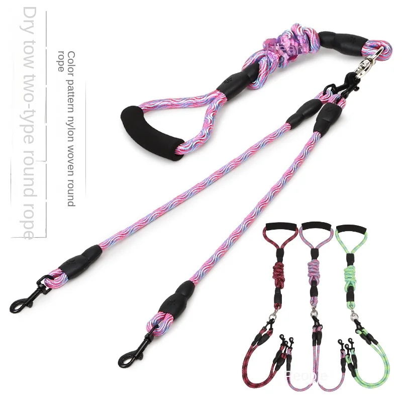 Pet Double Head Dog Rope Wave Pattern One Tow Two Lead Rope Anti-winding Removable