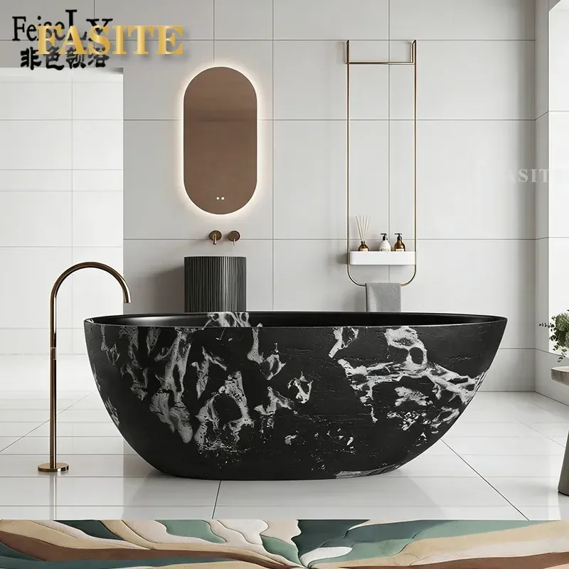 For French Retro Medieval Style Black Hole Stone Deep Soaking Bathtub Independent Villa  Hotel Furniture Luxury Home Decor