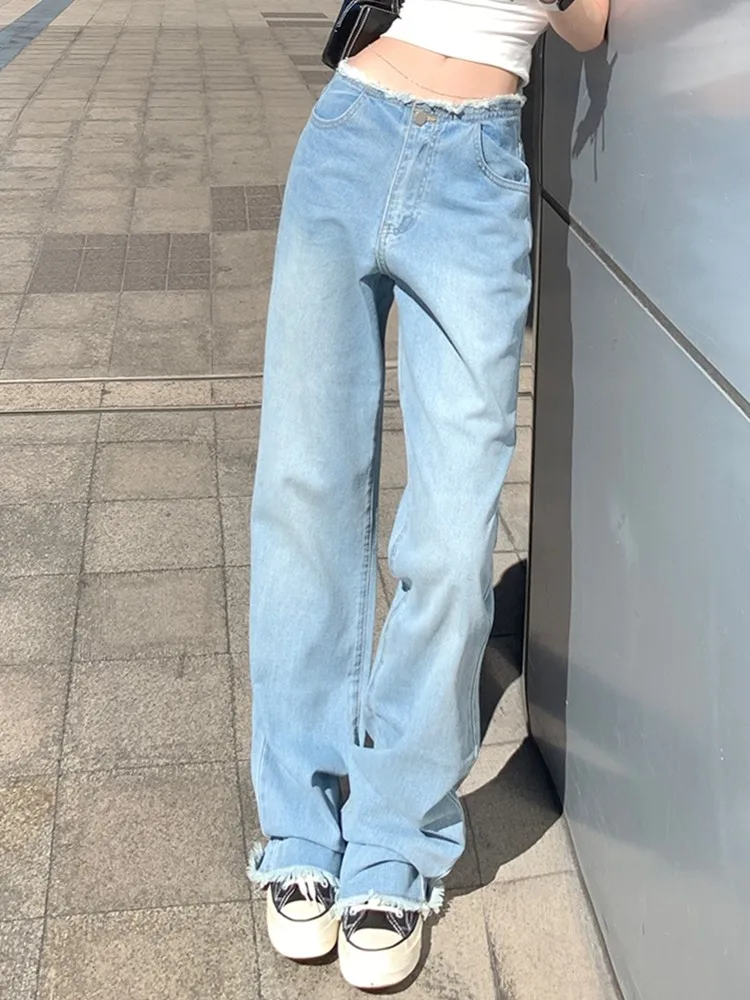 ZHISILAO Light Blue High Waist Straight Jeans Women Vintage Classic Boyfriend Y2k Full Length Denim Pants Longer Jeans