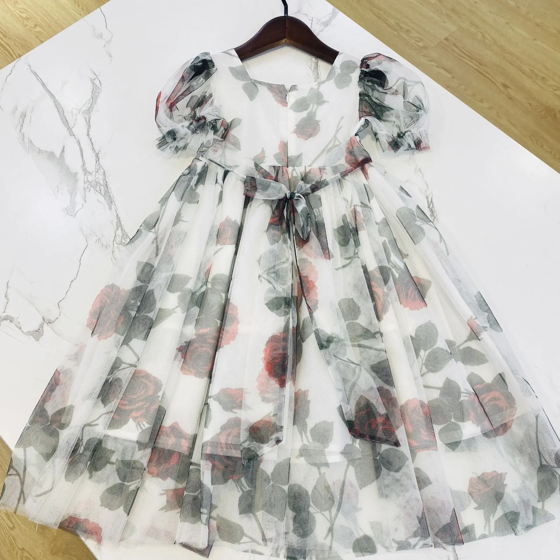 Baby's new princess dress fairy imitation silk flower dress girls' bow dres  big swing dress  summer