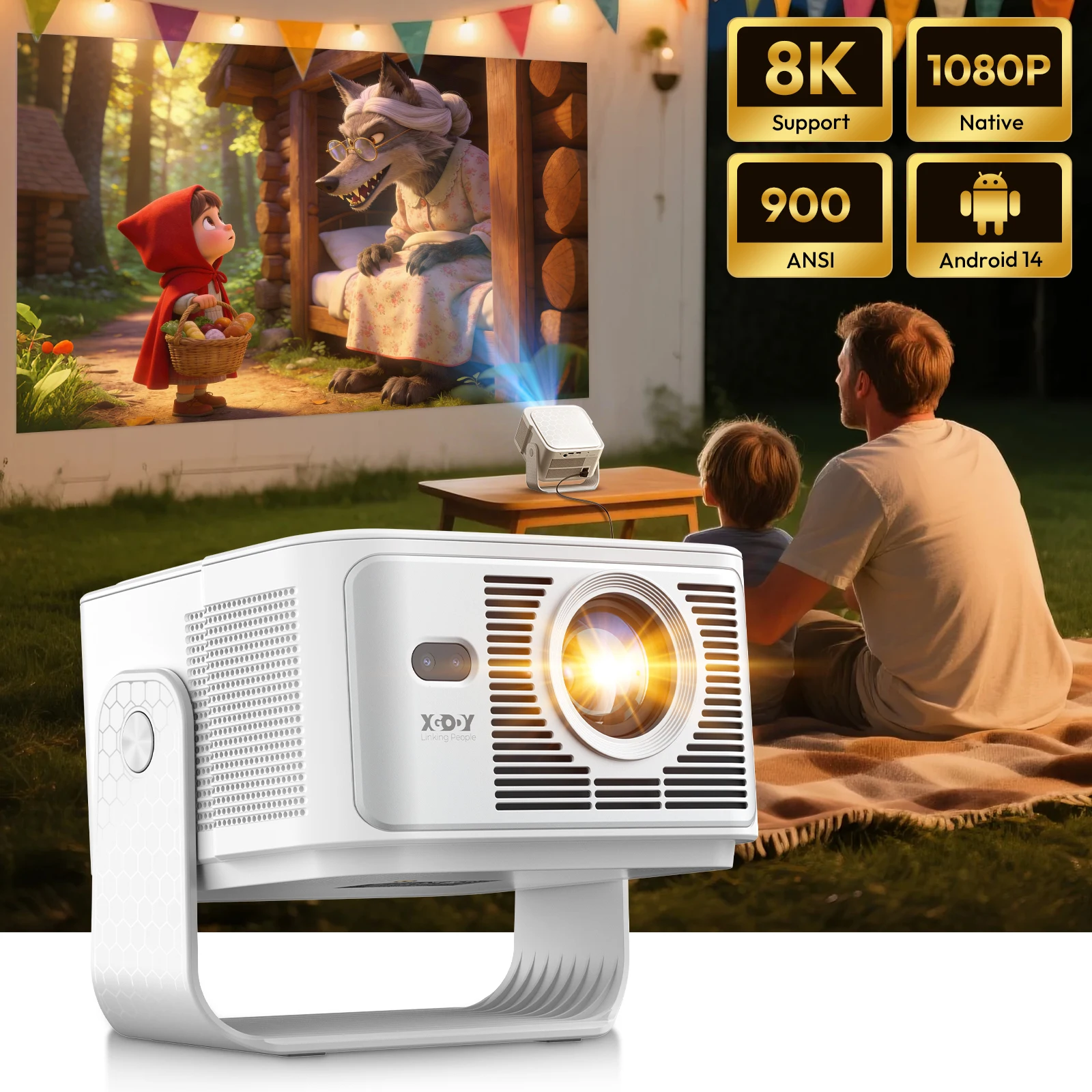 XGODY 900ANSI Android 14.0 Autofocus Keyhole Correction 8K Projector 2GB+16GB Projector Wifi6 BT5.4 Home Cinema Outdoor Portable