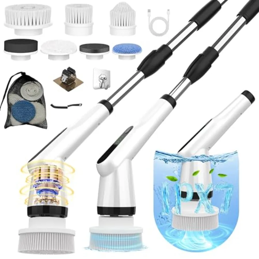 Electric Spin Scrubber, 12-in-1 Shower Scrubber and Retractable Long Handle, 44 lbs High-Torque and Variable Speed Shower Clean