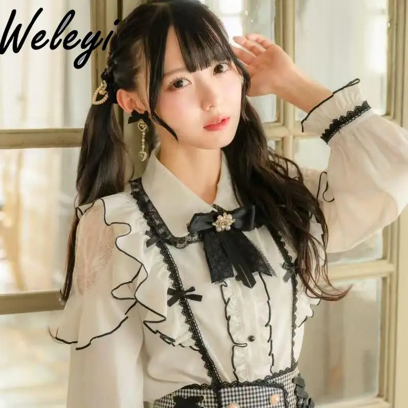 

Japanese Style Sweet Rojita Bow Lace Splicing Brooch Blouse Fashion Camisas Mujer Mine Series Mass Produced Long Sleeve Shirt