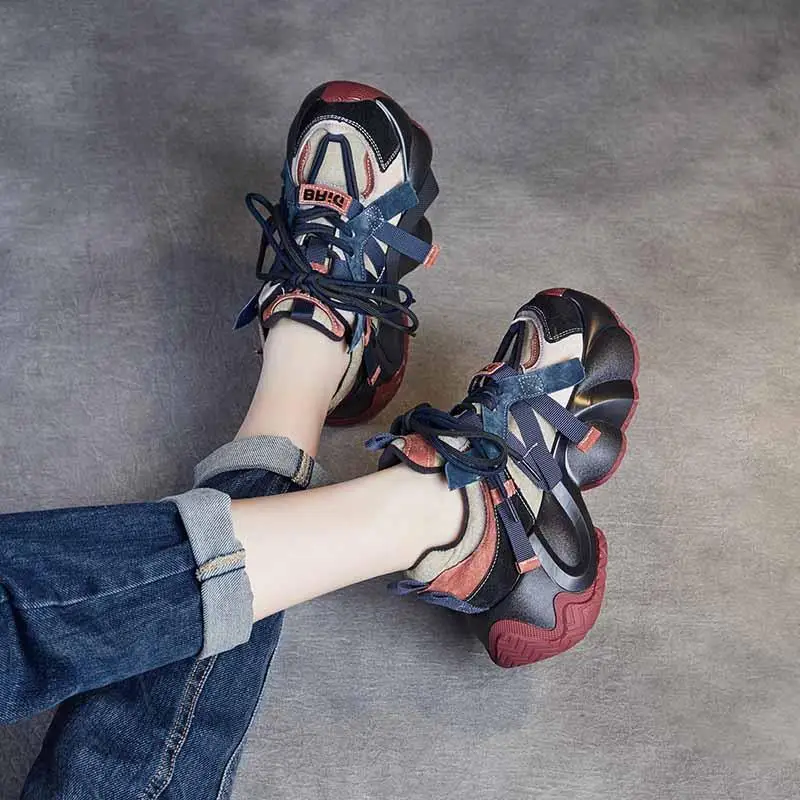 

Retro Style Thick Bottom Platform Dad Shoes Casual Leather Flats Travel Sneakers Vintage Sport Shoes round Toe Fashionable