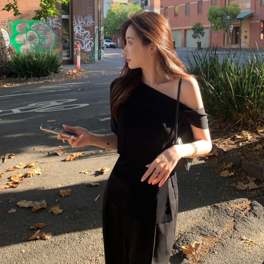 

Sweet Sle Slim Fit oulder Bared Side Collar Women's irt Chic Pure Desire Spring Summer New Arrival Commute Faion