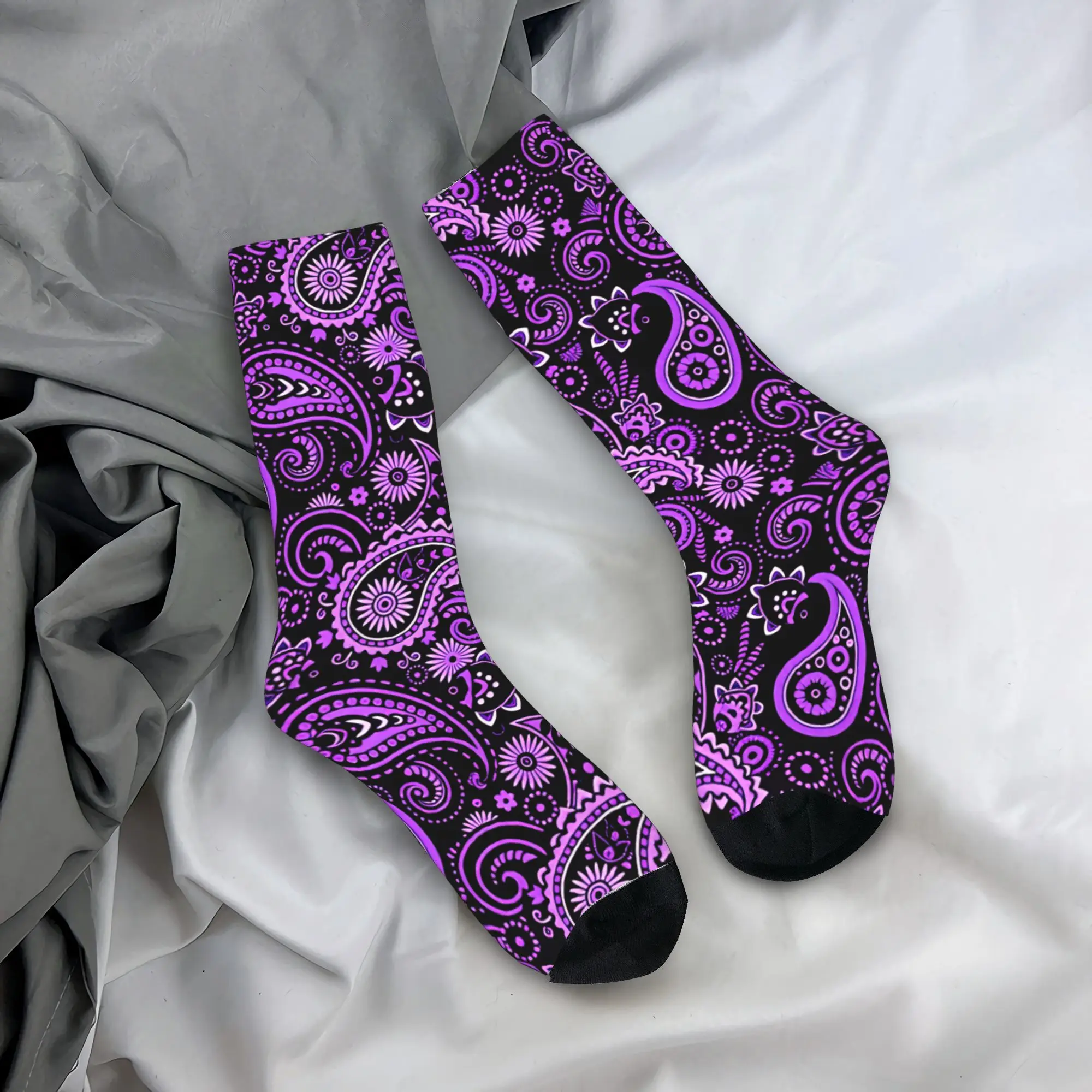 Purple Paisley Fish Floral Seamless Pattern Black Background Stockings Men  Socks Soft Breathable Gothic Socks  Non Slip Socks