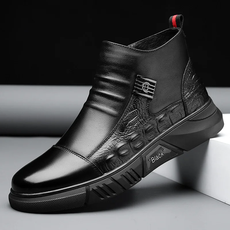 

Зимние мужские ботинки, ботильоны с крокодиловым узором, красивая модная черная обувь с высоким берцем, плюшевая хлопковая обувь ниндзя в британском стиле