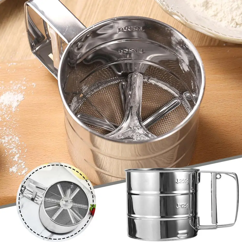 

Stainless Steel Flour Sifter For Baking Powder Sugar Shaker With Handle Fine Mesh Flour Sifter Sieve Hand Press Design C9X1