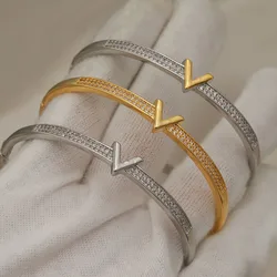 New Sight Full Crystal Letter V Bangles&Bracelet for Women Wedding Bridal Zirconia Bracelet Fashion Brand Jewelry
