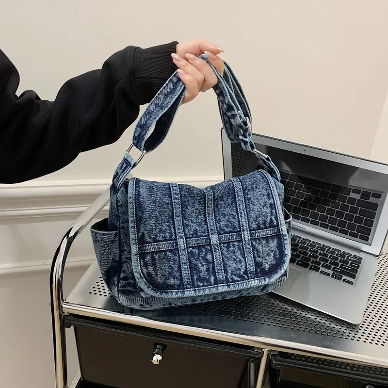 

Vintage Washed Denim Crossbody Bag for Women - Large Capacity Casual Shoulder Bag with Adjustable Strap for Daily Commute