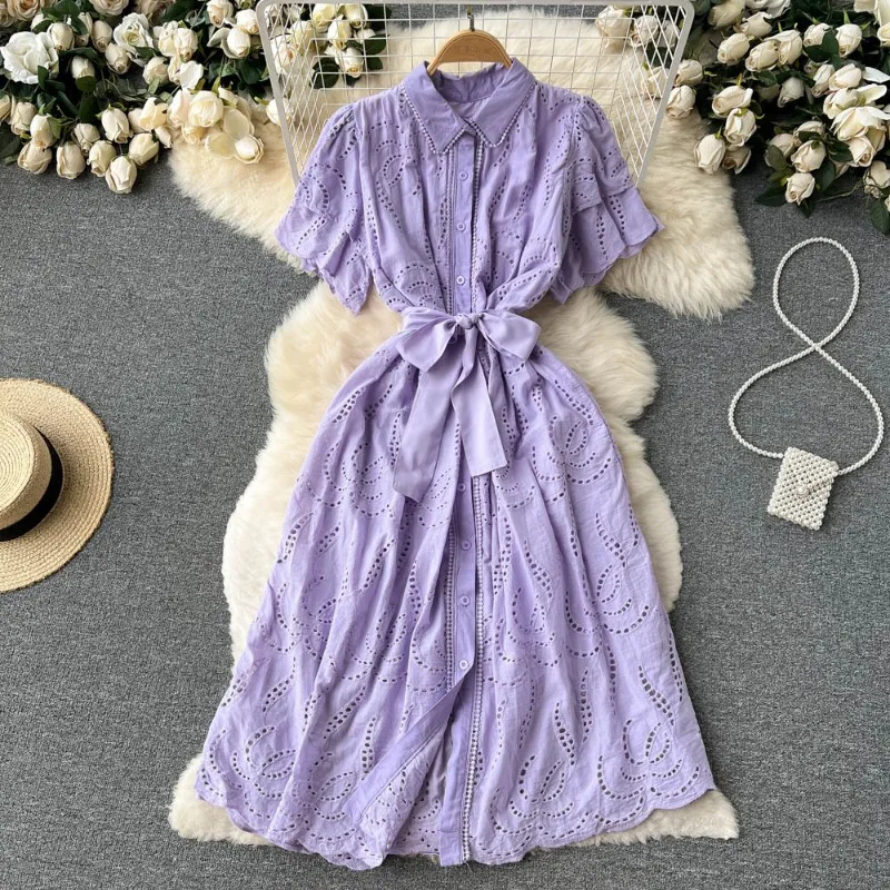 2026 French Shirt-style Short-sleeve Summer Dress Women's Casual Maxi Dresses Single-breasted Hollow Lace-up Slim A-line Dresses