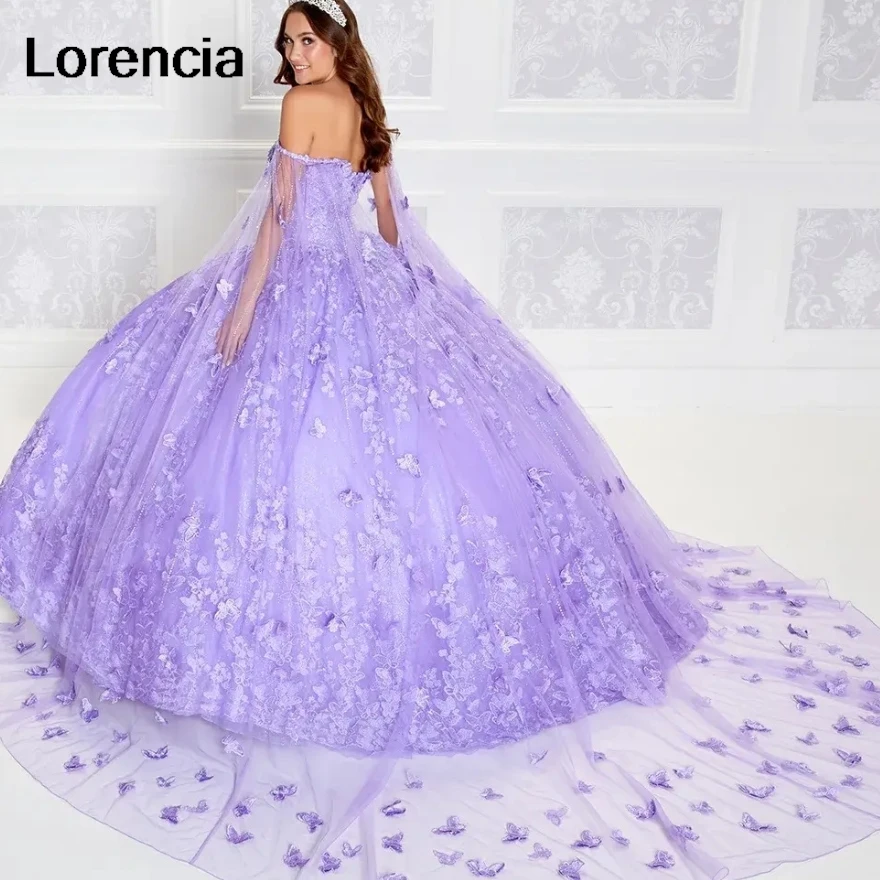 Szmaragdowozielona sukienka na Quinceanera suknia balowa Lorencia koronkowa aplikacja motylkowa z peleryną słodka 16 Vestidos De 15 Años YQD785