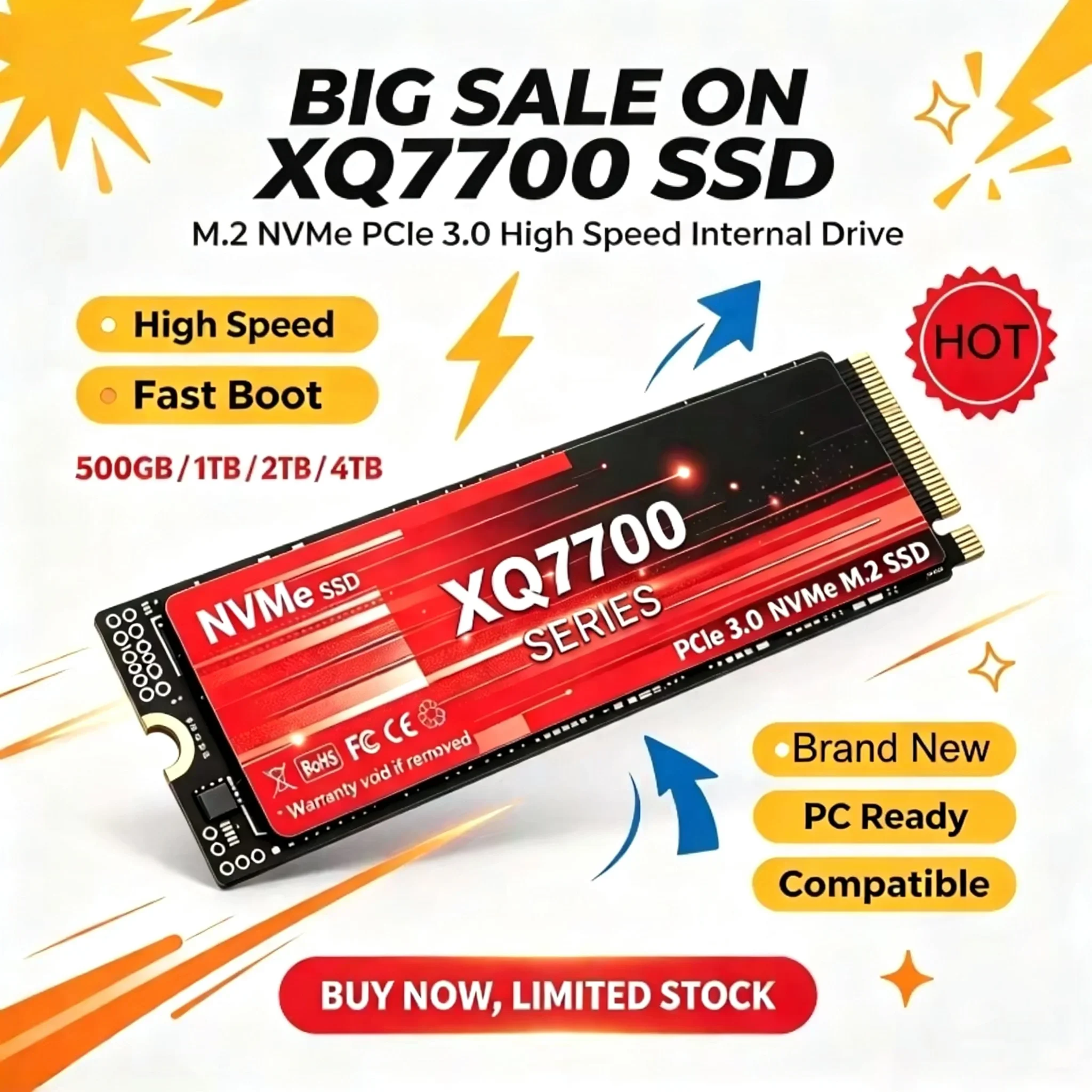 SSD NVMe XQ7700 M.2 PCIe3.0 Novo, Disco Rígido de Estado Sólido 500GB 1TB 2TB 4TB, SSD de Alta Velocidade para Desktop, Backup Rápido