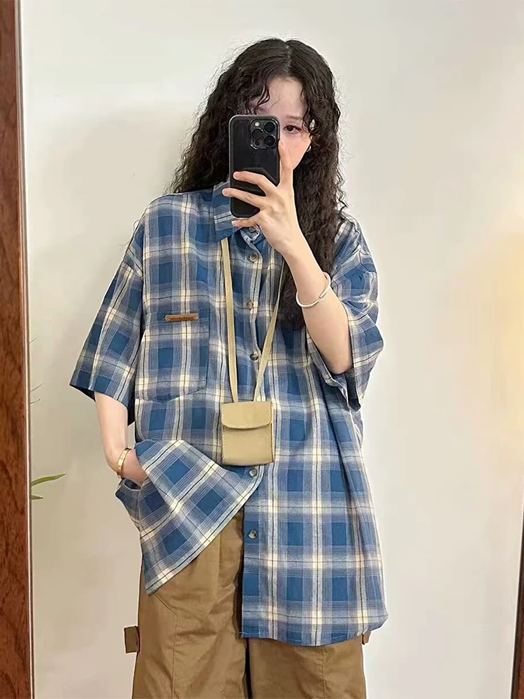 HOUZHOU Harajuku Plaid Shirts Coat Women Oversize Short Sleeve Women\'s Checkered Cardigan Blouses Japanese Streetwear Hip Hop