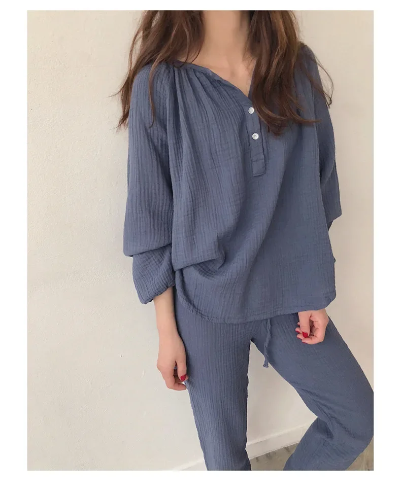 Muslin Pajamas For Women 100% Cotton 2 Pieces Sets Long Sleeve V-neck Button Up + Pants Outfits Sleepwear Home Casual Soft Suits