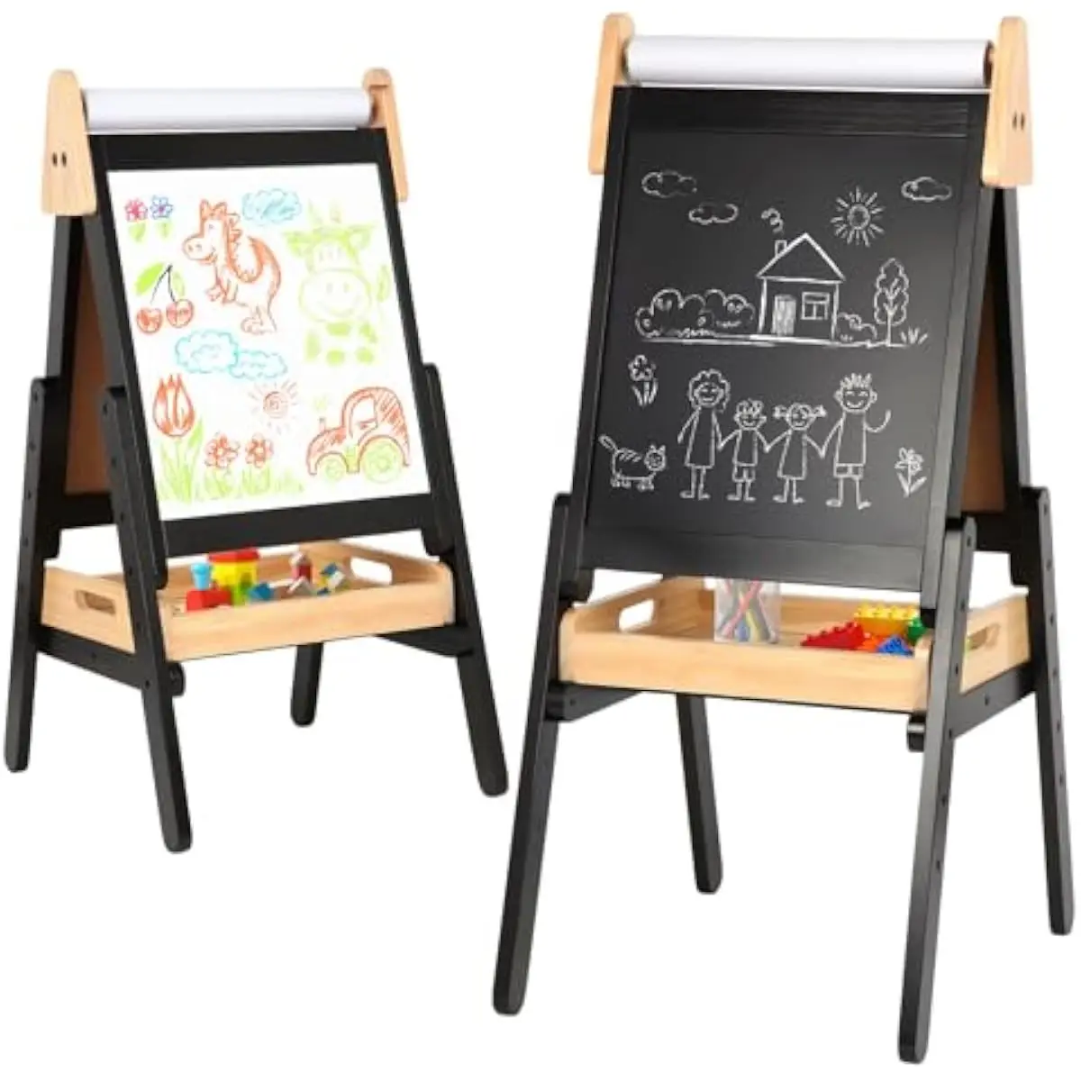 Double-Sided Wooden Art Station for Toddlers Aged 3 to 5 — Height-Adjustable Frame up to 79 cm, Integrated Pine Tray, Magnetic D