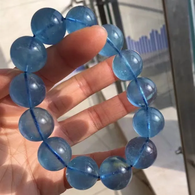 Natural Blue Aquamarine Clear Round Beads Bracelet 17mm Jewelry Big Women Men Brazil Stretch Blue Aquamarine Jewelry AAAAAA