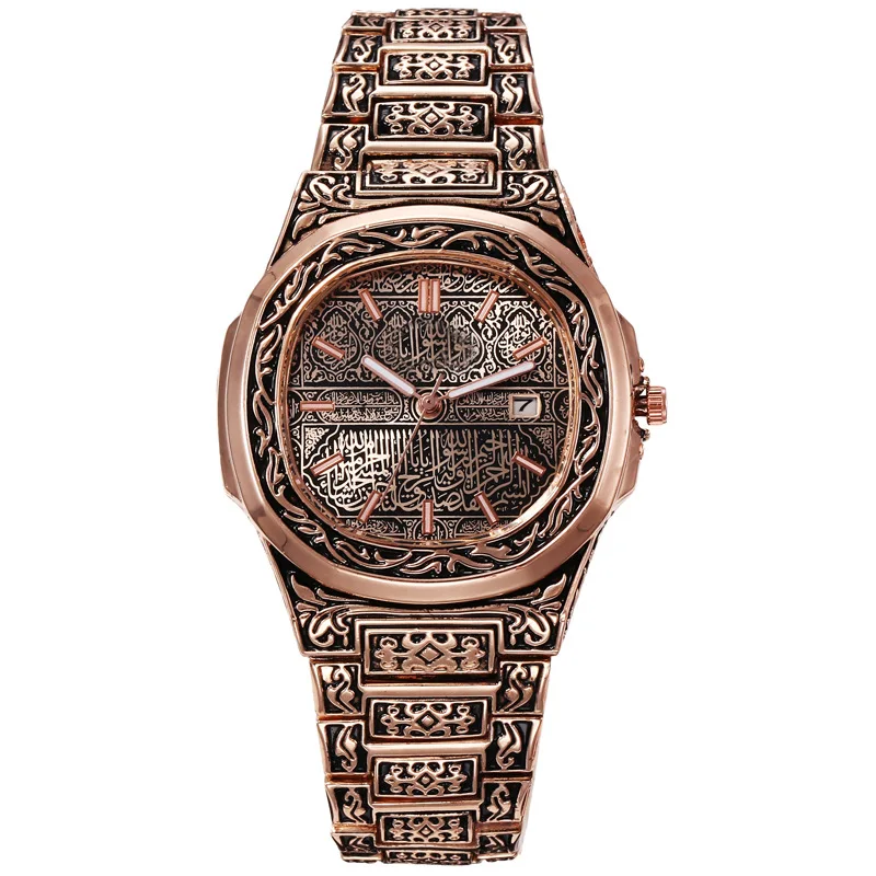 2023 Fashion Vintage Carving Watch Men Luxury Bronze Stainless Steel Auto Date Quartz Wristwatches Men montre homme reloj hombre