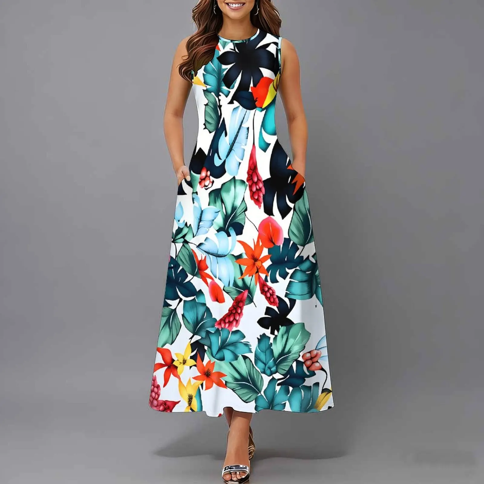 Women Sleeveless Long Maxi Dress With Pockets 3D Oil Painting Print Casual Loose Summer Vacation Party Sundress