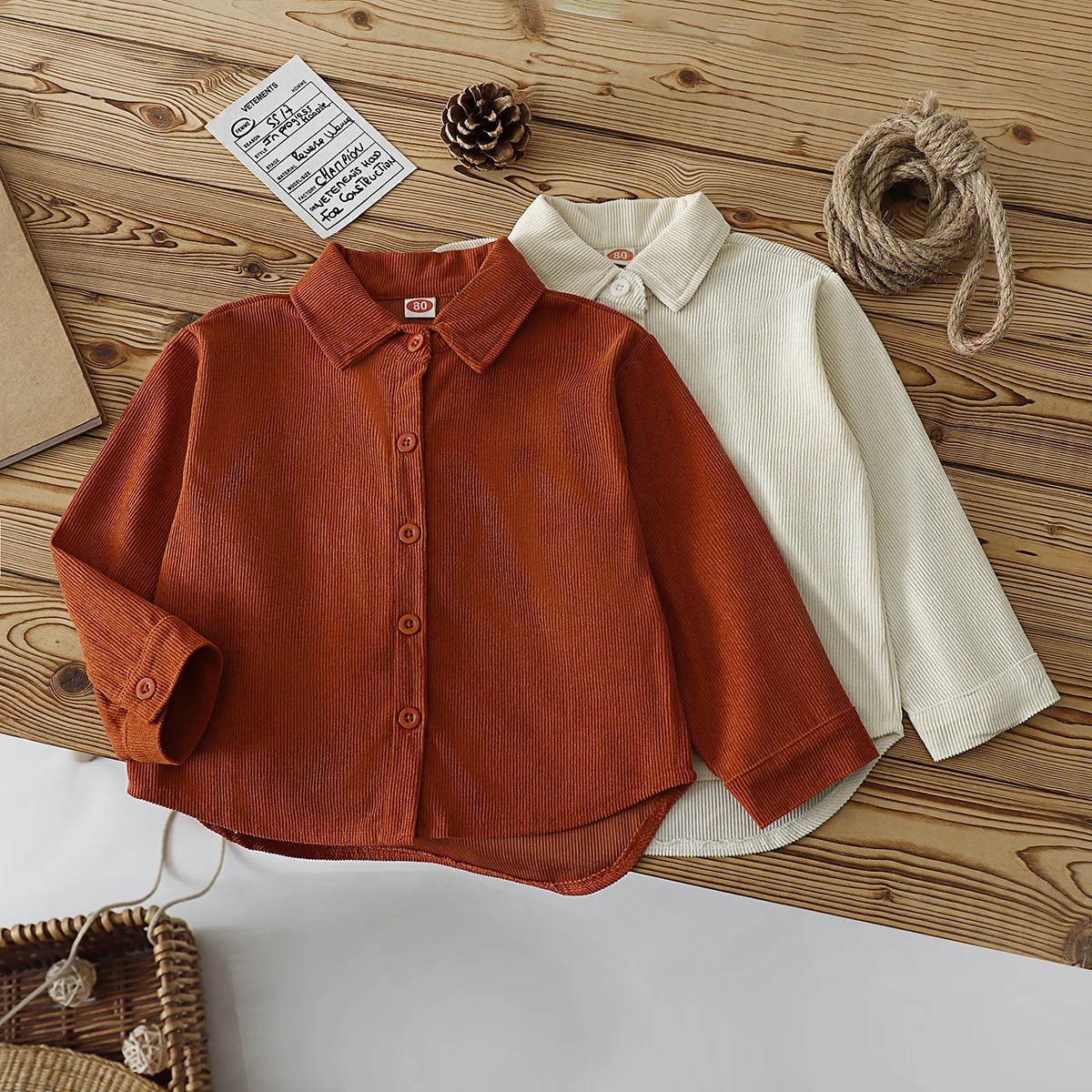 

Children's Corduroy Shirt New Solid Color Retro Long Sleeved Lapel Boys and Girls Thin Coat Simple Casual Basic Versatile Style