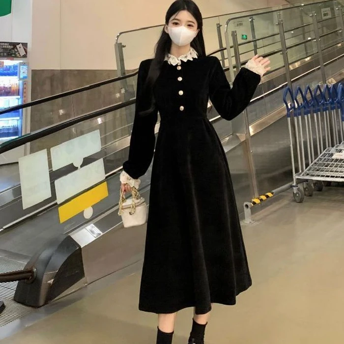 Hebe Style plus Size Dress Autumn Outfit Vintage Elegant Fashionable Base Layer Skirt A-Line Long Sleeve Women's Dress