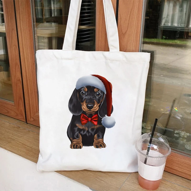 عيد الميلاد الكلب أكياس التسوق حفلة عيد الميلاد حمل حقيبة عيد الميلاد موضوع المرأة أكياس التسوق حقيبة قماش قنب مع حقائب اليد حقيبة سوبر ماركت