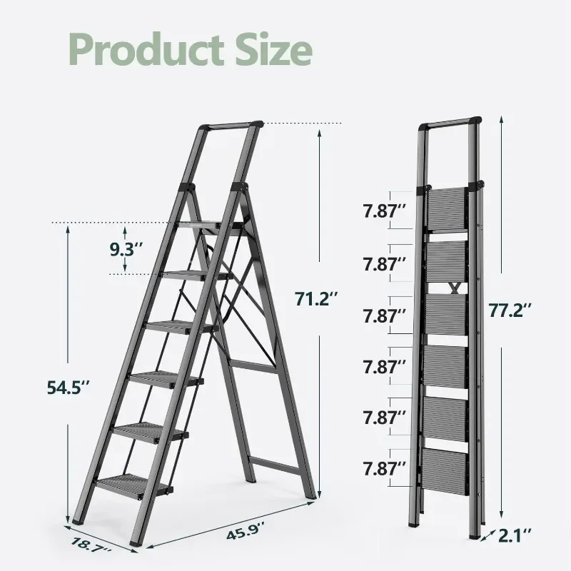 6 Step Ladder, Lightweight Foldable Ladder with Non-Slip Wide Pedals, Stepladder with Safe Handrail, Space Saving