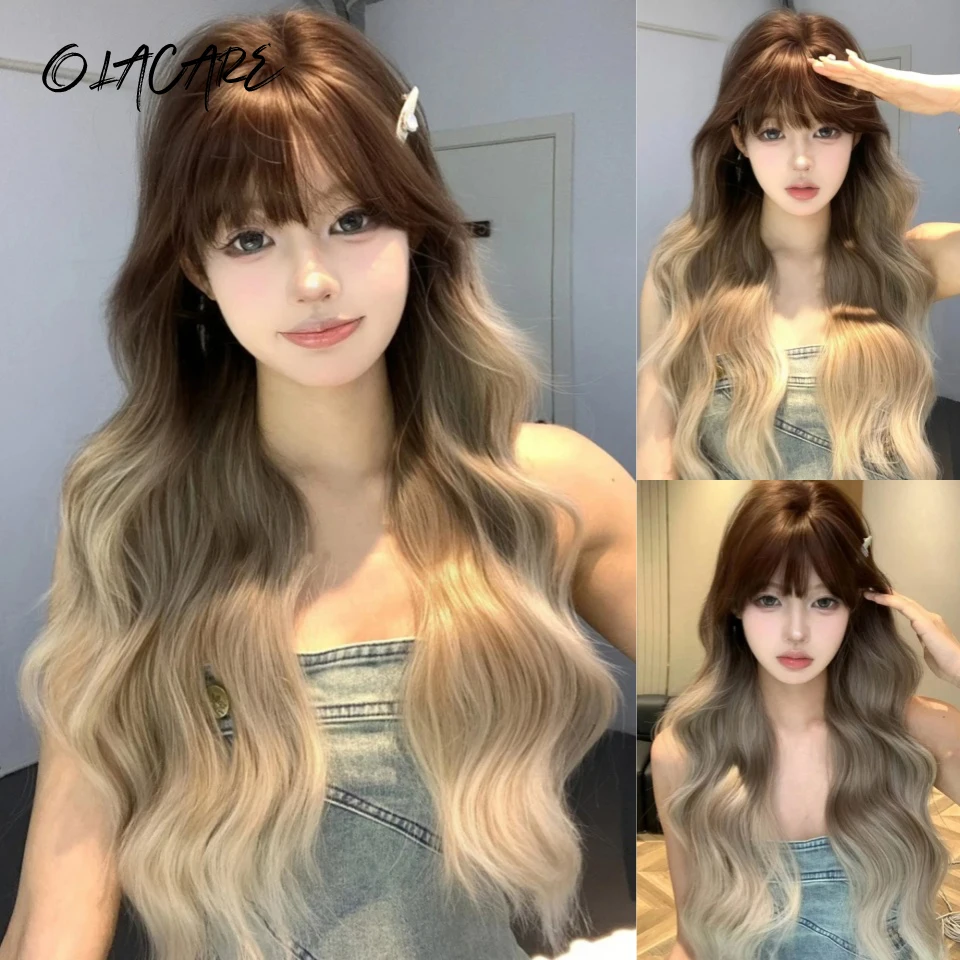 OLACARE Long Straight Synthetic Brown Ombre Blonde Wigs with Bangs Cosplay Wig for Women High Temperature Natural Fake Hair