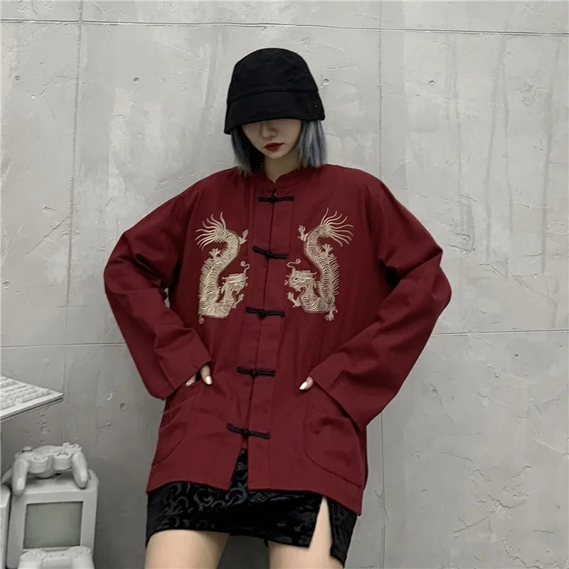 QWEEK Harajuku Blusen Frauen Chinesischen Stil Dragon Shirt Stickerei Strickjacke Langarm Tops 2021 Mode Retro Streetwear Chic