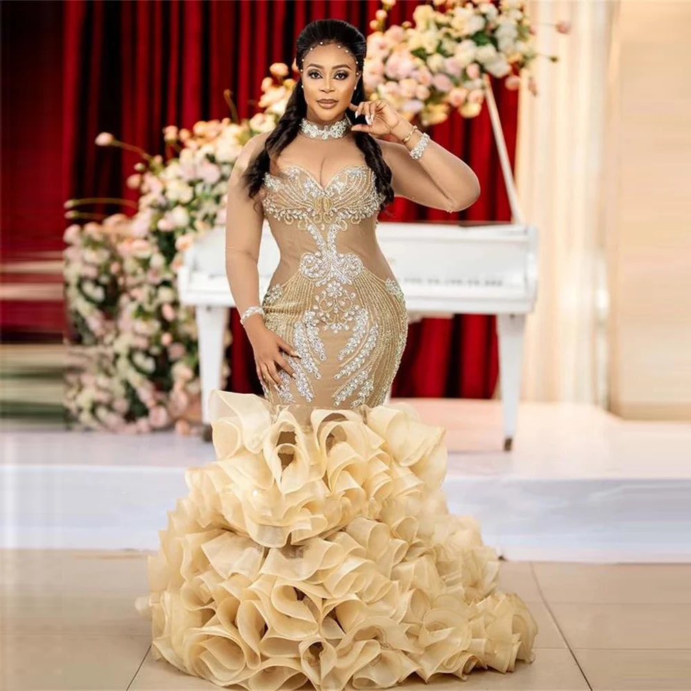 Aso ebi sereia vestidos de baile grandes grânulos cristais babados ilusão inferior manga longa gola alta plus size vestidos noite árabe