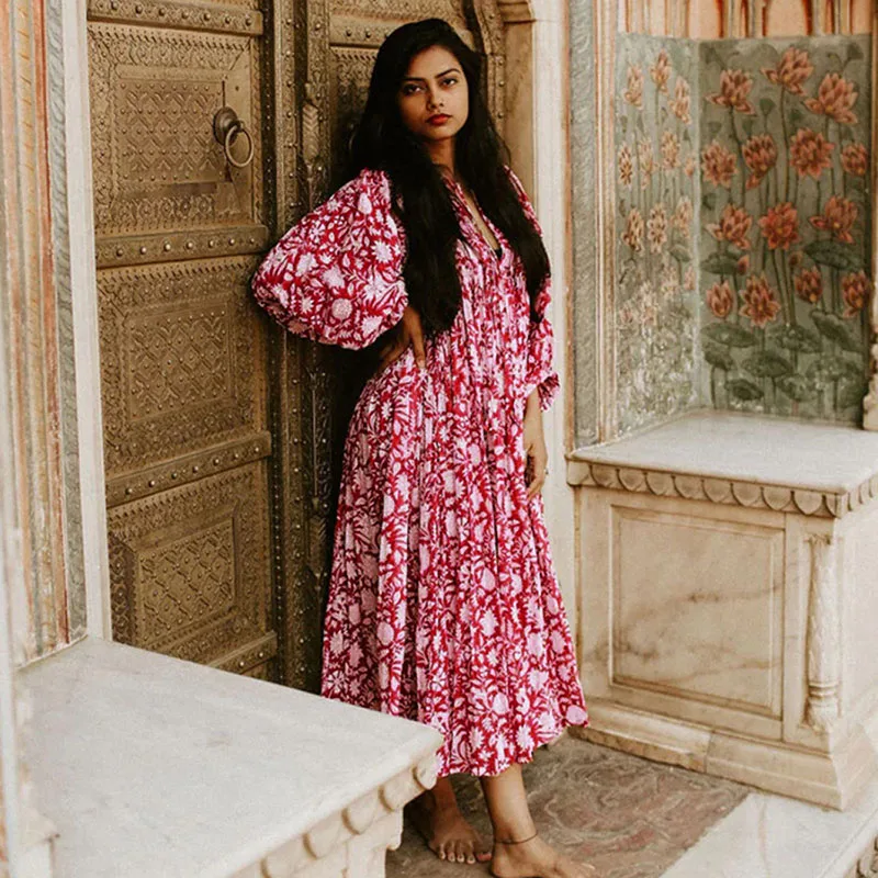 Boho Style Vintage Floral Long Dress Women Fashion Streetwear Puff Sleeve Patchwork Pleated Dresses Casual Vacation Beach Dress