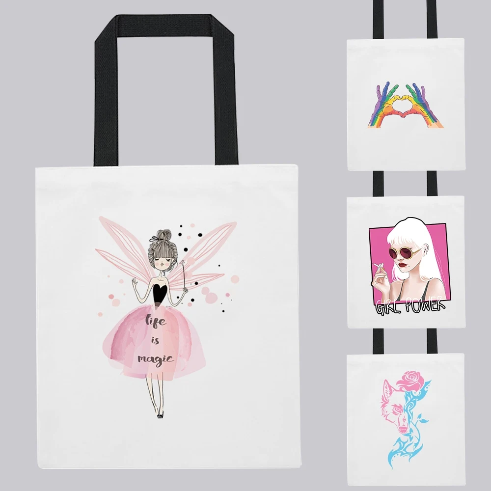 

Fashion Sac Femme Shopping Bag Canvas Bag White Color Pattern Printing Ladies Shoulder Bag Reusable Student Street Trend Handbag