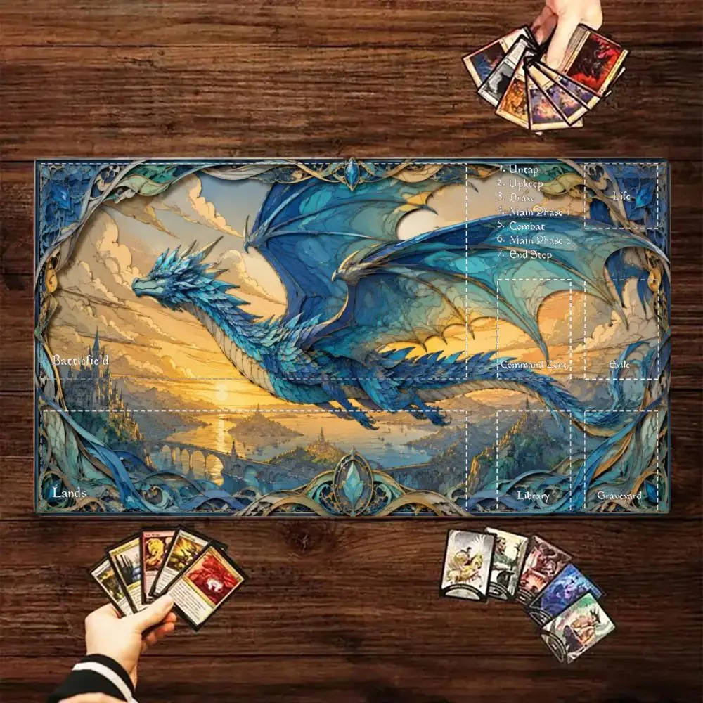 Magic TCG Playmat Blue Crystal Flying Dragon Thunder Mountain Dragon Mat Anti-Slip Stitched Edge Durable 35X60CM Tapete Magic MT