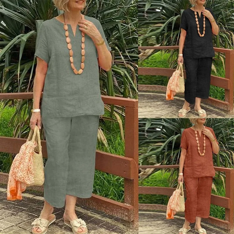 2 Piece Women's Summer Suit Casual Loose Wide Leg Pants Solid Color Fashion Ladies Suit Summer Supply