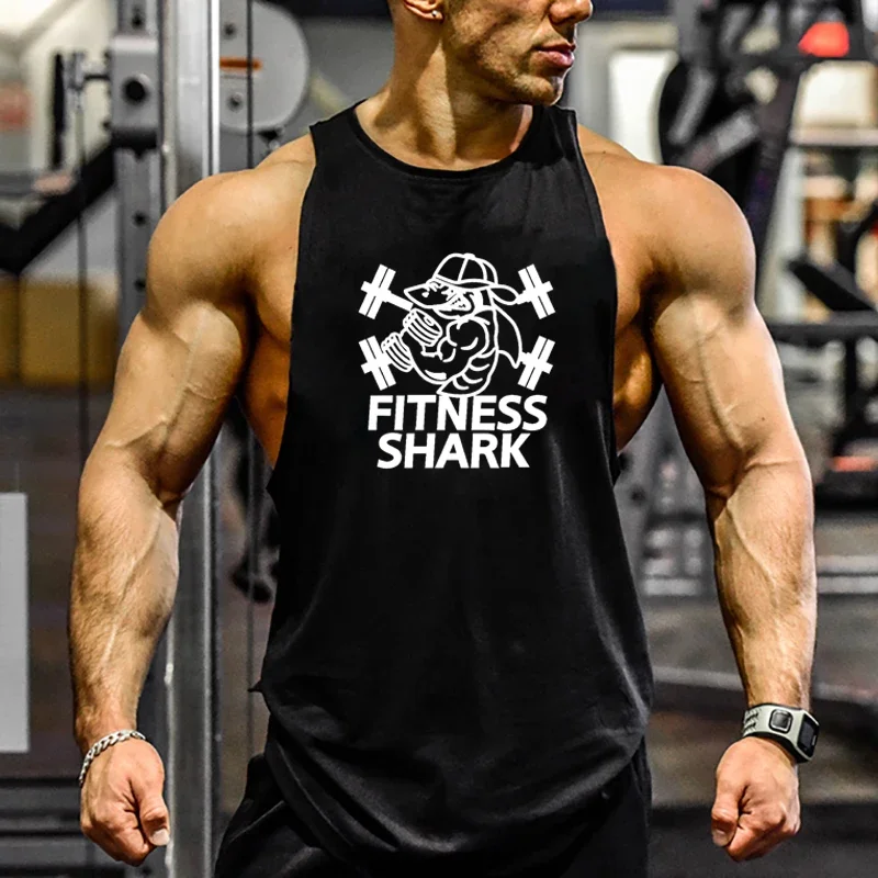 

FITNESS SHARK Running Vests Men Bodybuilding Tank Tops Cotton Workout Sleeveless Shirt Jogger Clothing Muscle Stringer Singlets