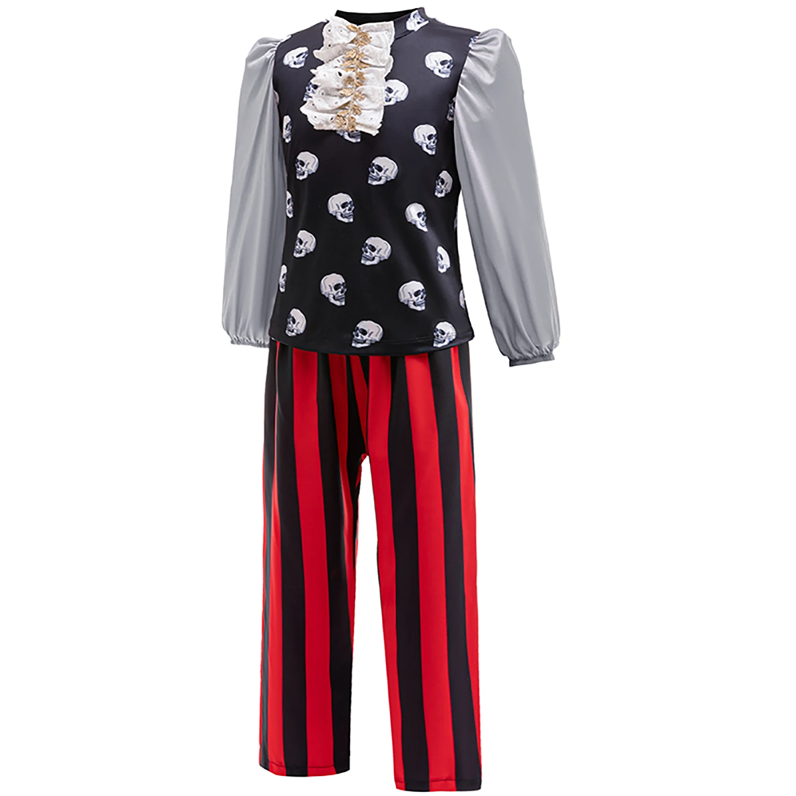 Kids Boys Medieval Pirate Cosplay Costume Gothic Skeleton Print Tops Stripes Pants Belt Halloween Party Pirate Captain Uniform