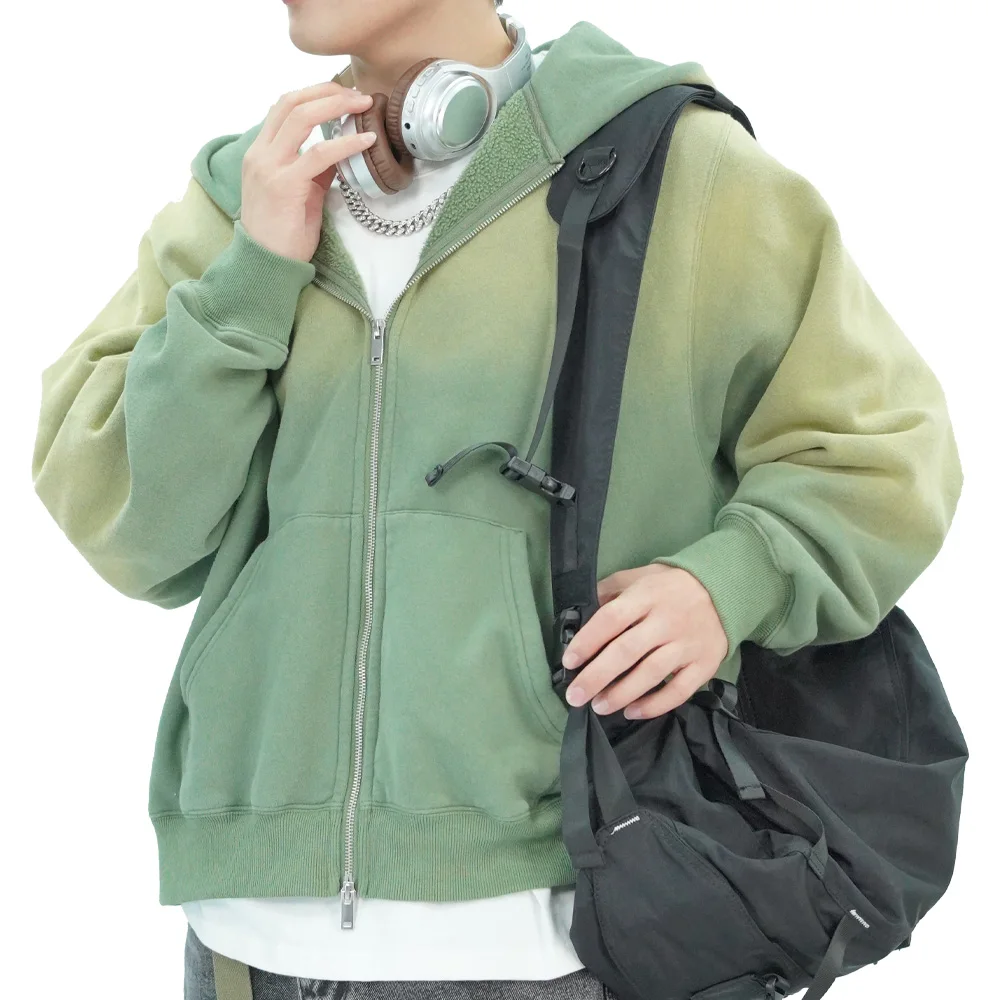 Men\'s Sun Faded Two-way Zip Up Jacket Unisex Washed Vintage 420GSM Hoody SweatshirtHigh Quality Heavy Weight Fuzzy Fleece Hoodie