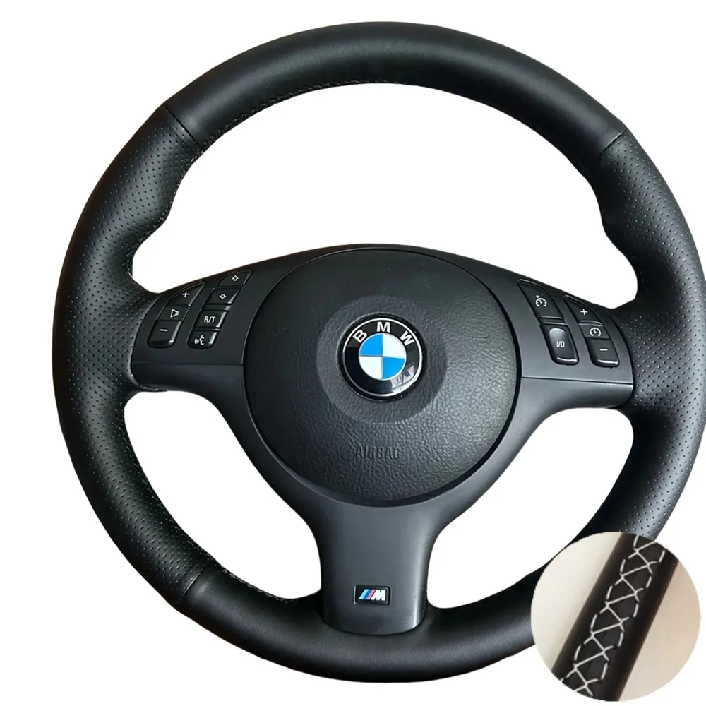 Kundenspezifische handgenähte Mikrofaser-Leder-Lenkradabdeckung für BMW E46 E39 330i 540i 525i 530i 330Ci M3 2001–2014