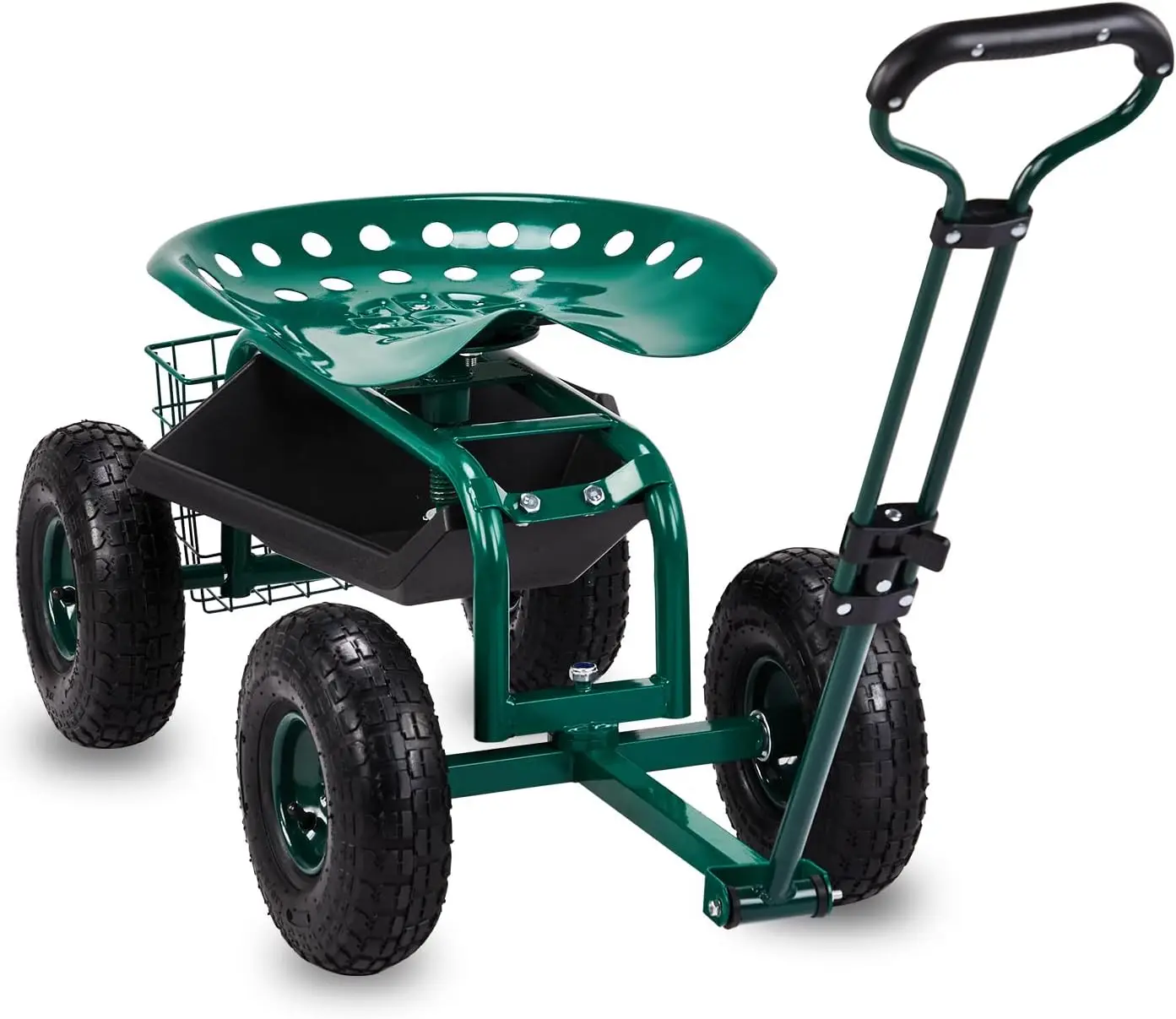 Green Garden Cart Rolling Workseat for Yard, Planting - 360 Degree Swivel Seat, Extendable Handle, Tool Tray & Storage Basket