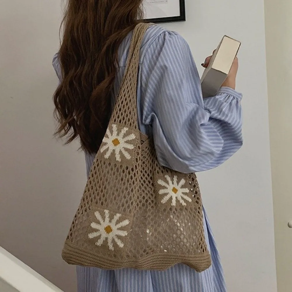 

Вязаная сумка-тоут в стиле ретро с цветочным узором, большая вместимость, пляжная, экологичная, простая, ажурная, на каждый день