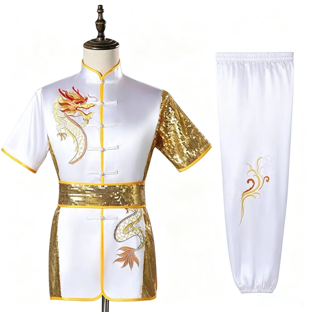 Unisex Kids Wushu Competition Costume Short Sleeve Sequin Dragon Embroidery Kung Fu Uniform Stage Performance Martial Arts
