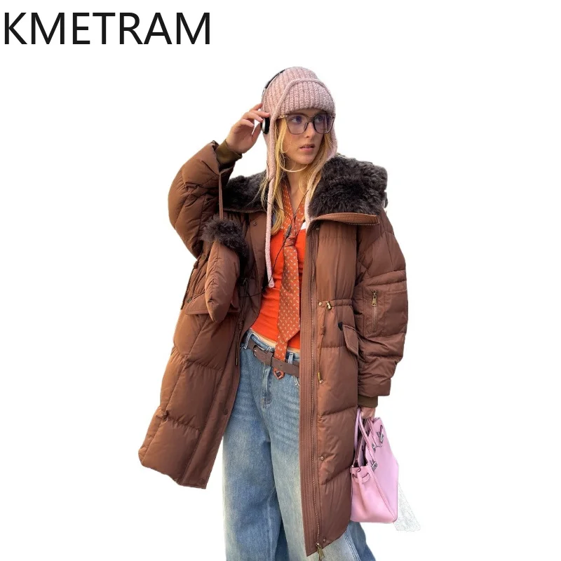 KMETRAM 90 White Goose Down Coat 2026 Autumn Winter New Wool Collar Loose Zippered Mid-Length Winter Jacket Women Пальто Женское
