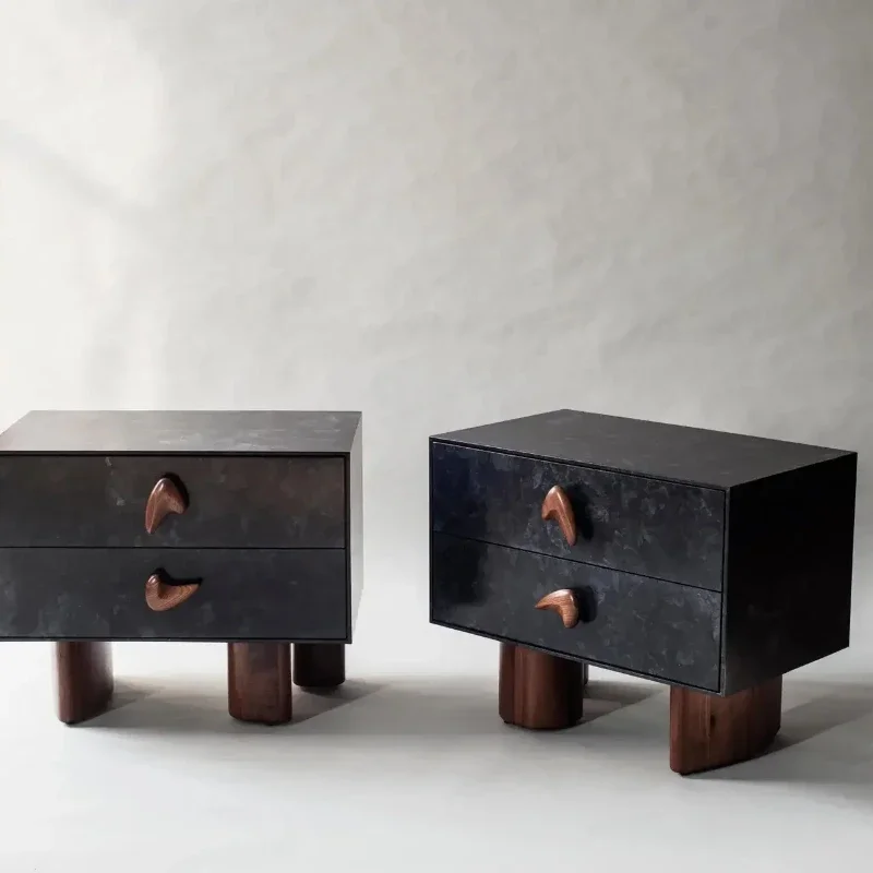 2 Drawer Bedside Table Grey Walnut Antique Pattern Bedside Table Modern Storage Side Table Set Bedroom Furniture