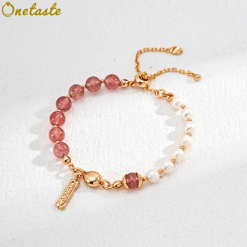 

Pearl Moss Agate Strawberry Quartz S925 Silver Beaded Bracelets Women Charm Dainty Trendy 24cm Adjustable Hand Chain Bracelet