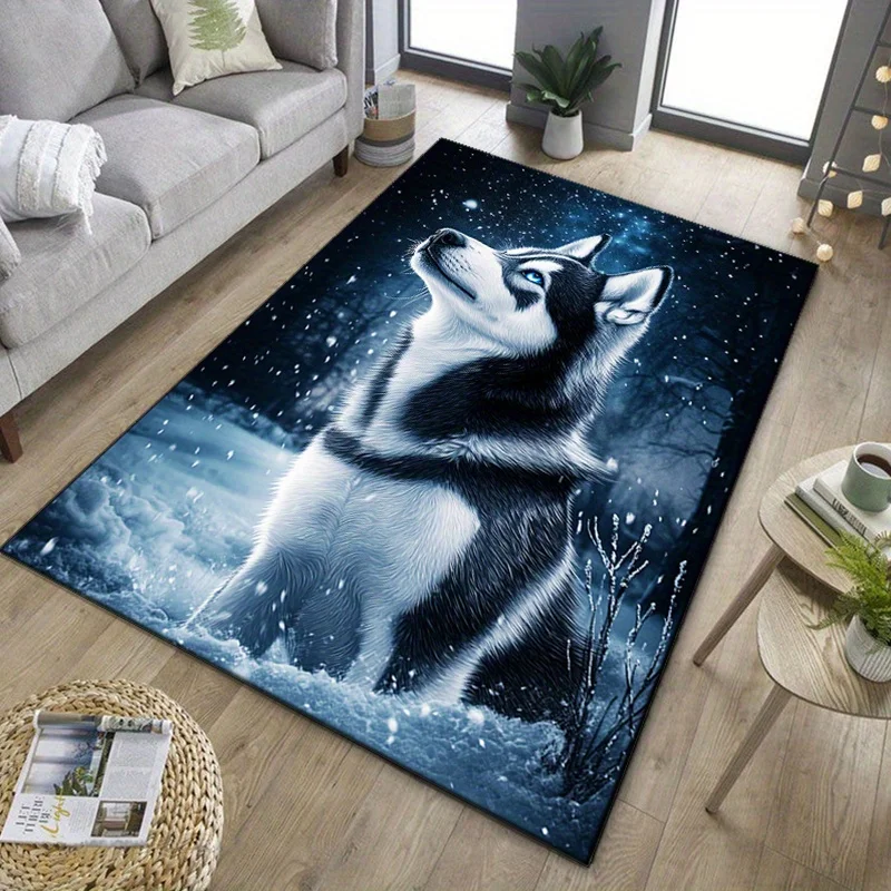 Winter Husky Rug for Cozy Living Spaces | Snowy Dog Print Carpet with Arctic Theme | Warm and Inviting Home Decor