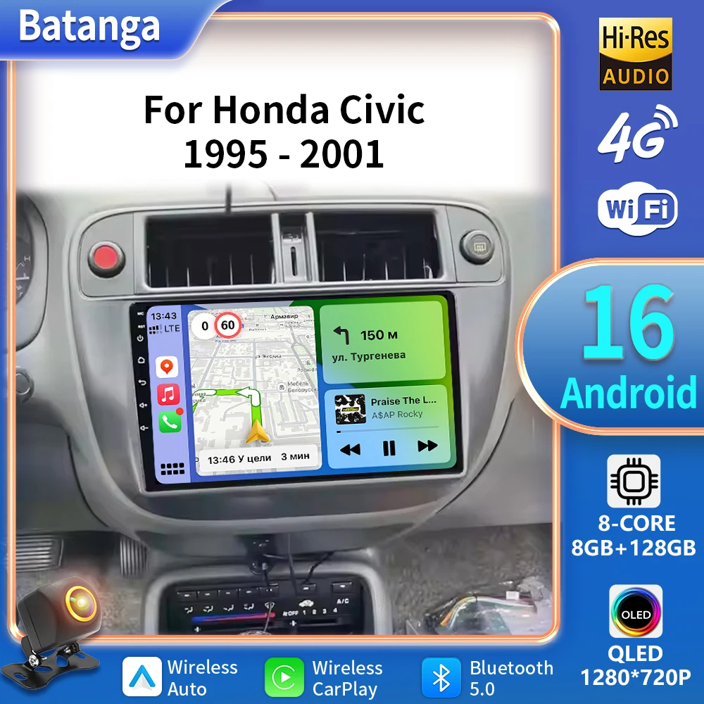 Android 16 Carplay Auto Multimedia Radio Player for Honda Civic 1996-2001 5G Stereo 2 Din Touch Screen with Tape Recor