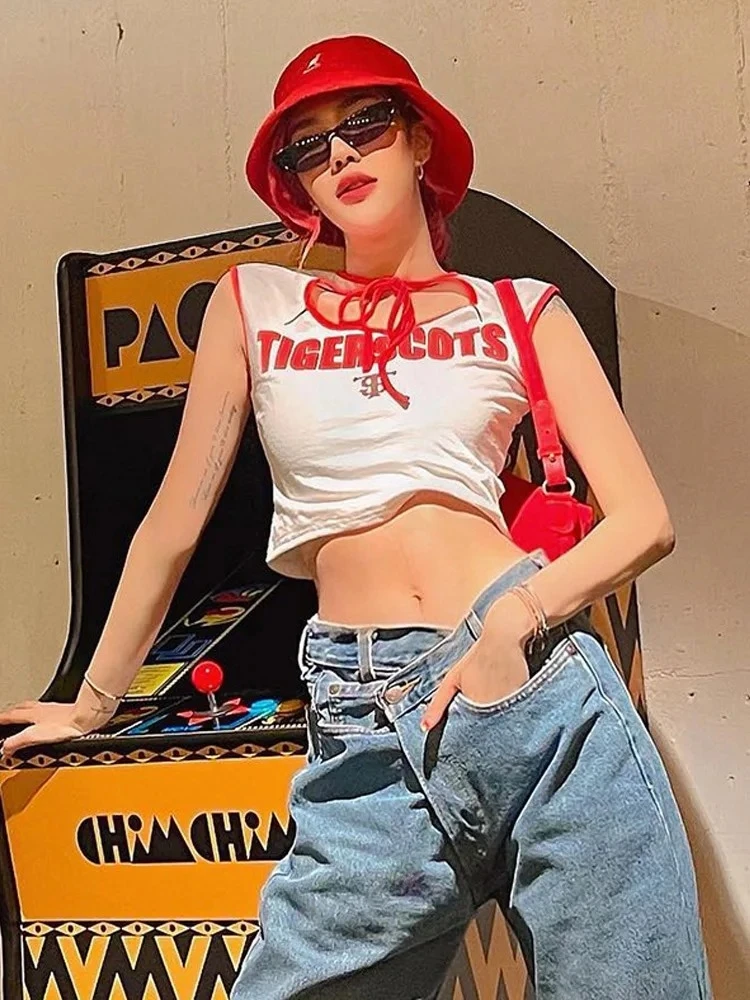 

Letters Printed T Shirts For Women Streetwear Sleeveless Crop Top Y2k Accessories Lace-up Collar Camisetas Slim Fit Ropa Mujer