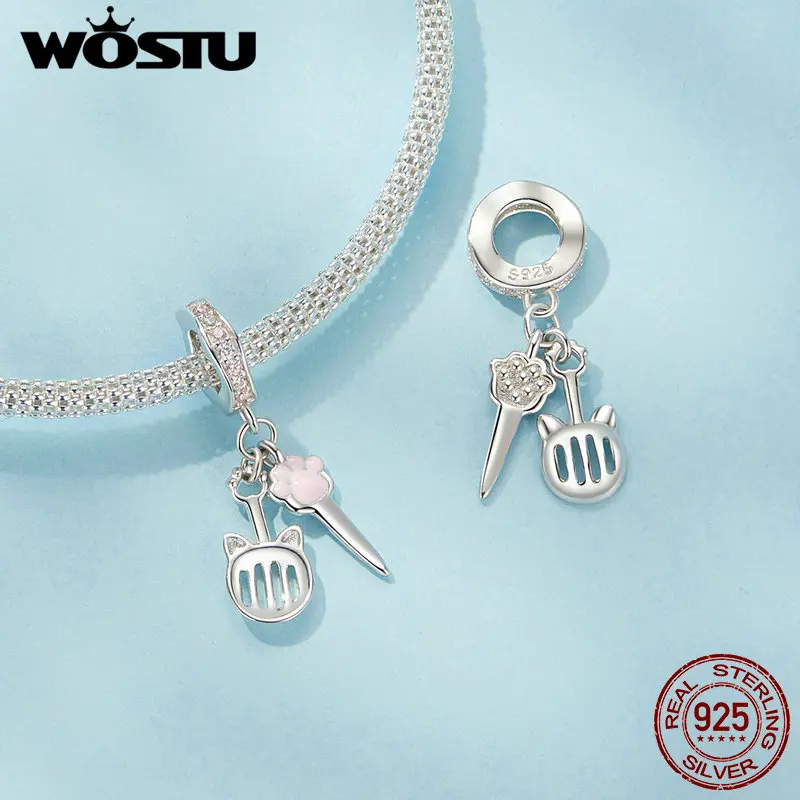 WOSTU 925 Sterling Silver Pink Pet Paw Charm Turtle Pearl Pendant Airplane Camera Bead Fit DIY Bracelet Necklace Jewelry Making